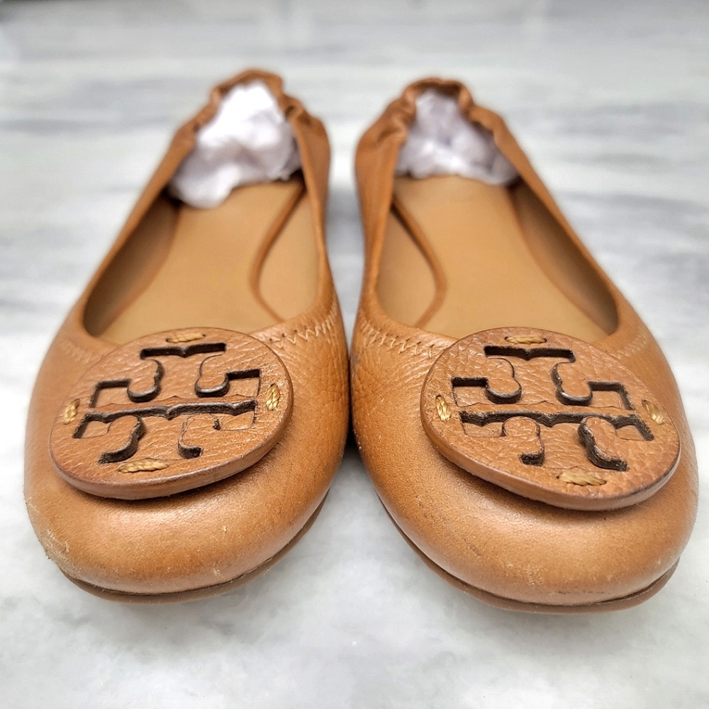 TORY BURCH Reva Tan Brown Leather Ballet Flat Logo Size 7.